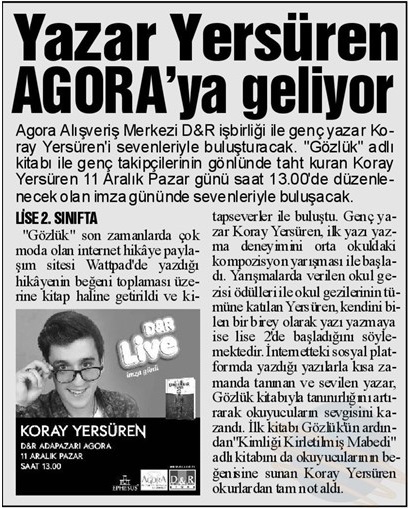 GENÇ YAZAR KORAY YERSÜREN AGORA ALIŞVERİŞ MERKEZİ’NE GELİYOR