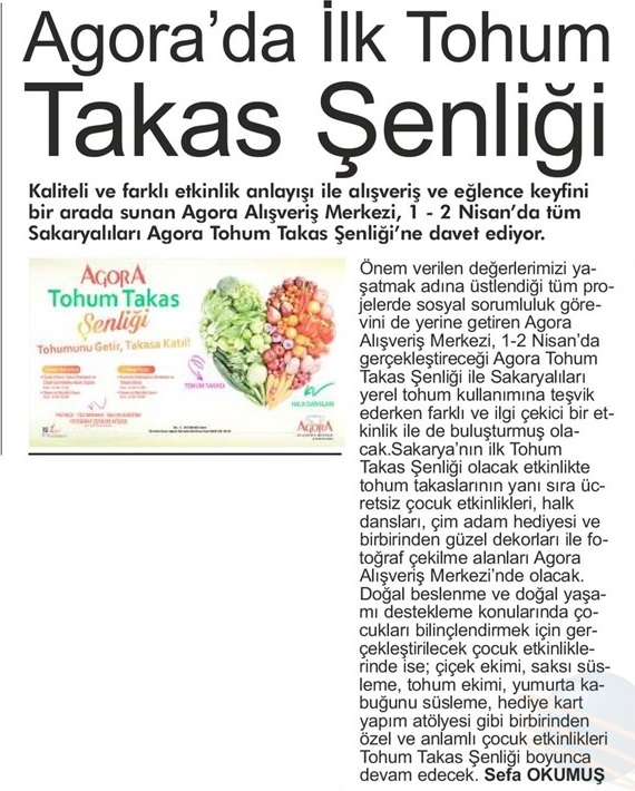 SAKARYA’NIN İLK TOHUM TAKAS ŞENLİĞİ  AGORA ALIŞVERİŞ MERKEZİ’NDE GERÇEKLEŞECEK