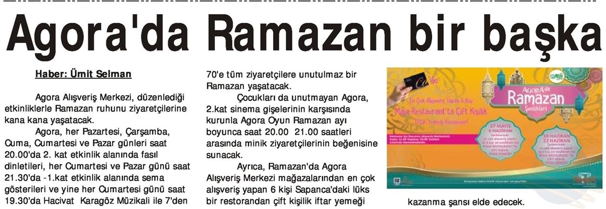 ÖZLENEN RAMAZAN RUHU AGORA ALIŞVERİŞ MERKEZİ’NDE YAŞANACAK!