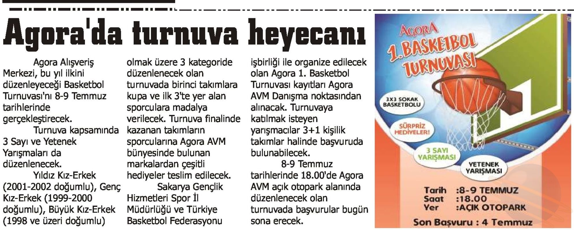 AGORA ALIŞVERİŞ MERKEZİ’NDE 1.BASKETBOL TURNUVA HEYECANI BAŞLIYOR!