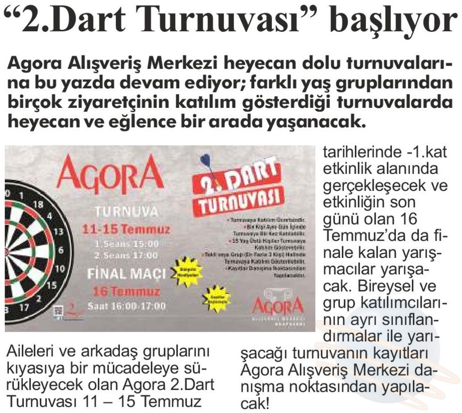 AGORA ALIŞVERİŞ MERKEZİ  “2.DART TURNUVASI” KAYITLARI BAŞLIYOR!